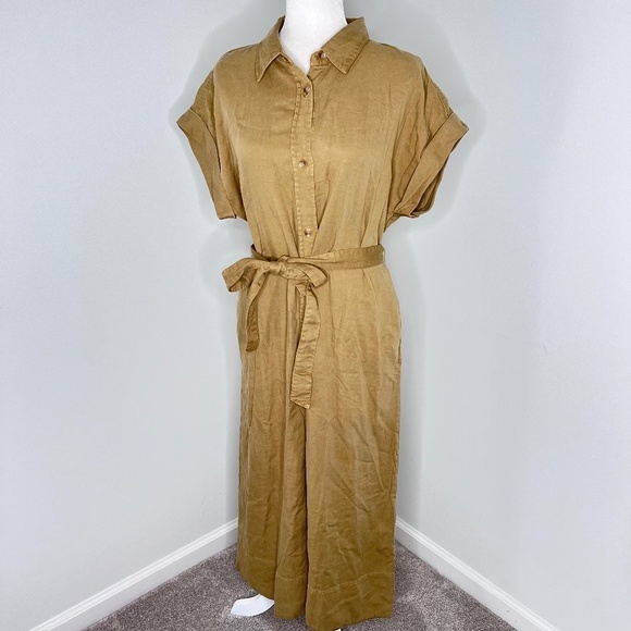 NWT Faherty Arlie Short Sleeve Shirt Linen Blend Tan Dress L